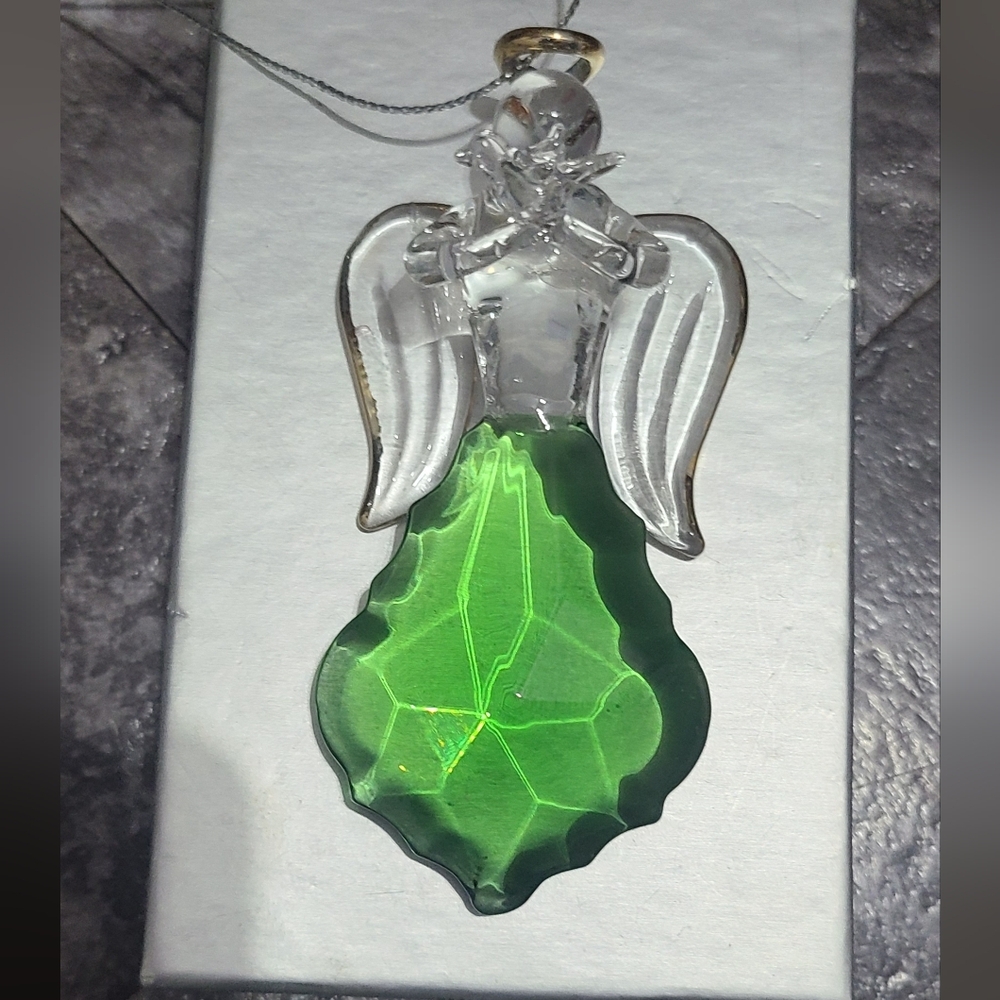 Crystal Glass ANGEL ORNAMENT Chandelier Clear Green Prism Gold Halo 4" Figurine